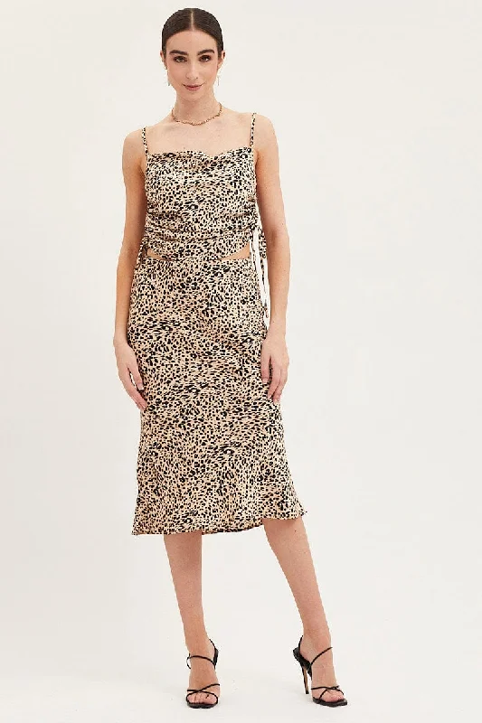 Print Slip Skirt Midi Satin