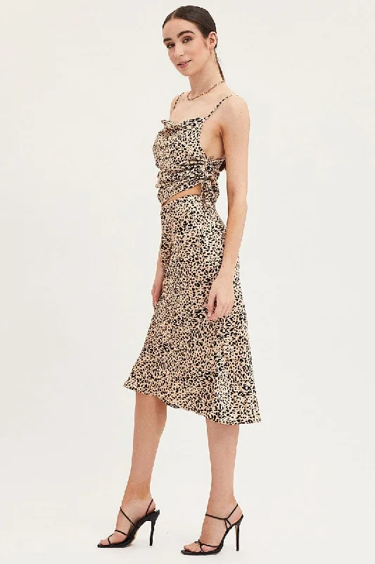 Print Slip Skirt Midi Satin