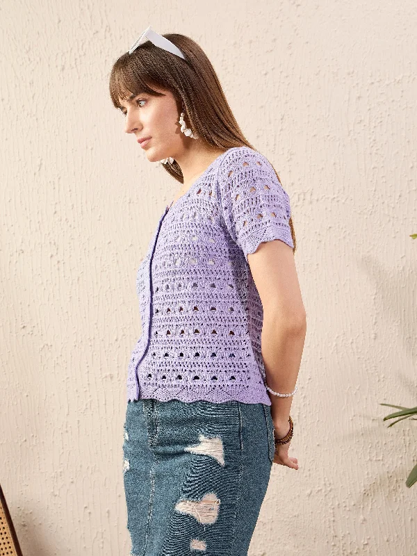 Women Lavender Round Neck Crochet Top