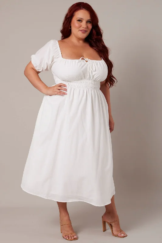 White Midi Dress Short Sleeve Ruched Bust