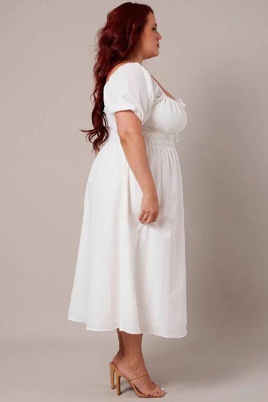 White Midi Dress Short Sleeve Ruched Bust