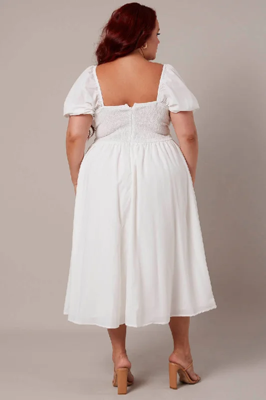 White Midi Dress Short Sleeve Ruched Bust