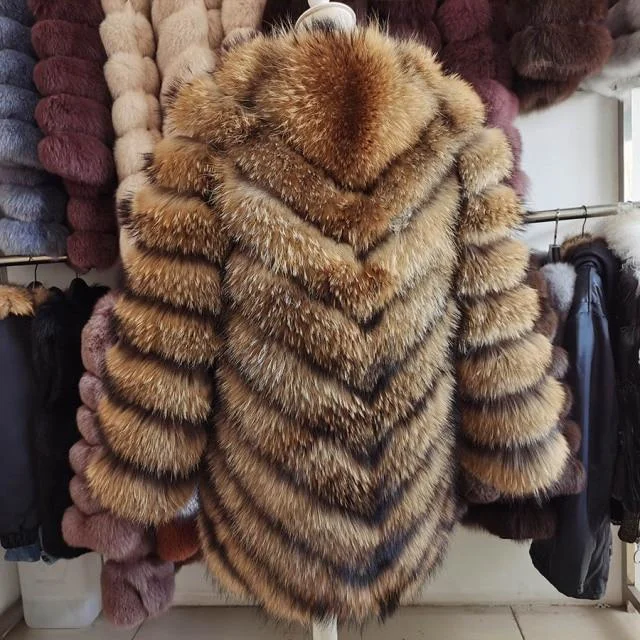 Winter Christmas Women's O-neck Hook Real Fox Fur Long Coats & Jackets