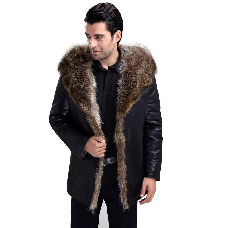 Winter Raccoon Fur Coat Natural Men Real Fur Lined Leather Jackets With Fur Collar Luxury Warm Overcoat Leather Jacket