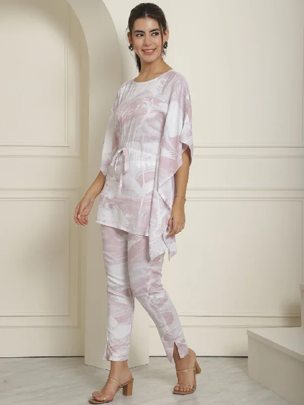 Women Light-Purple Tie Dye Printed Rayon Kaftan Tunic With Trousers