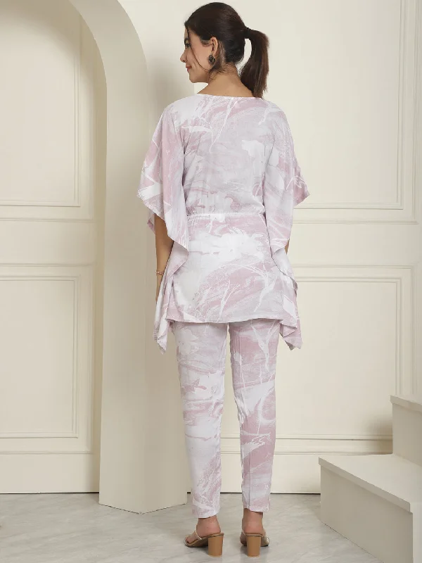 Women Light-Purple Tie Dye Printed Rayon Kaftan Tunic With Trousers