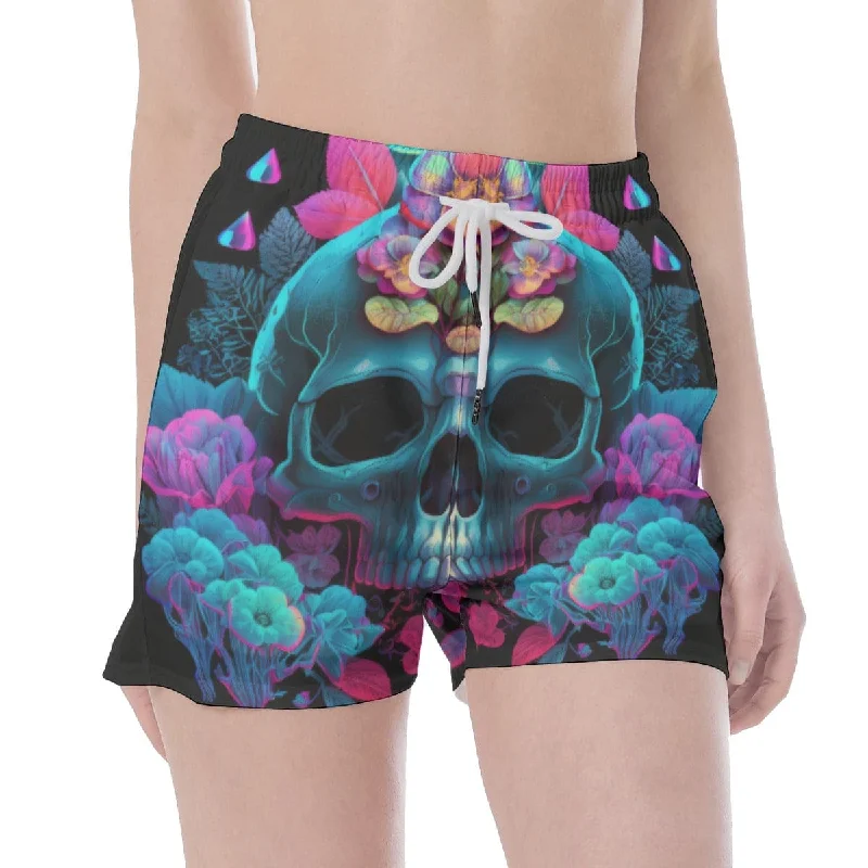 Women's Blue Skull Foral Wide Waistband Sport Shorts