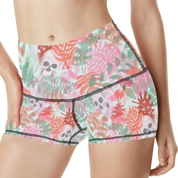 Women's Skull Pink Floral Print Yoga Shorts