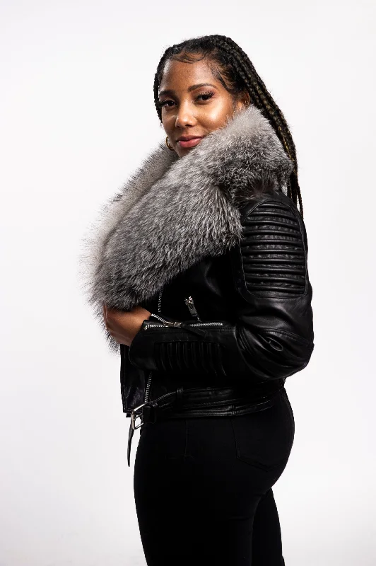 Women's Trey Biker Black Oversized Fox Collar [Silver Fox Fur]