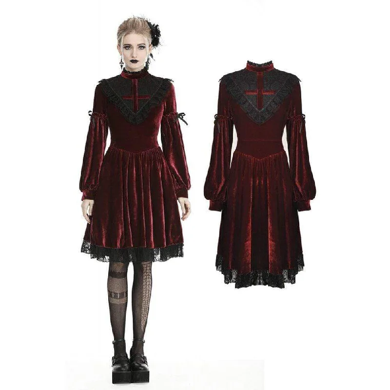 Women's Vintage Lace Collar Velet Dresses Red