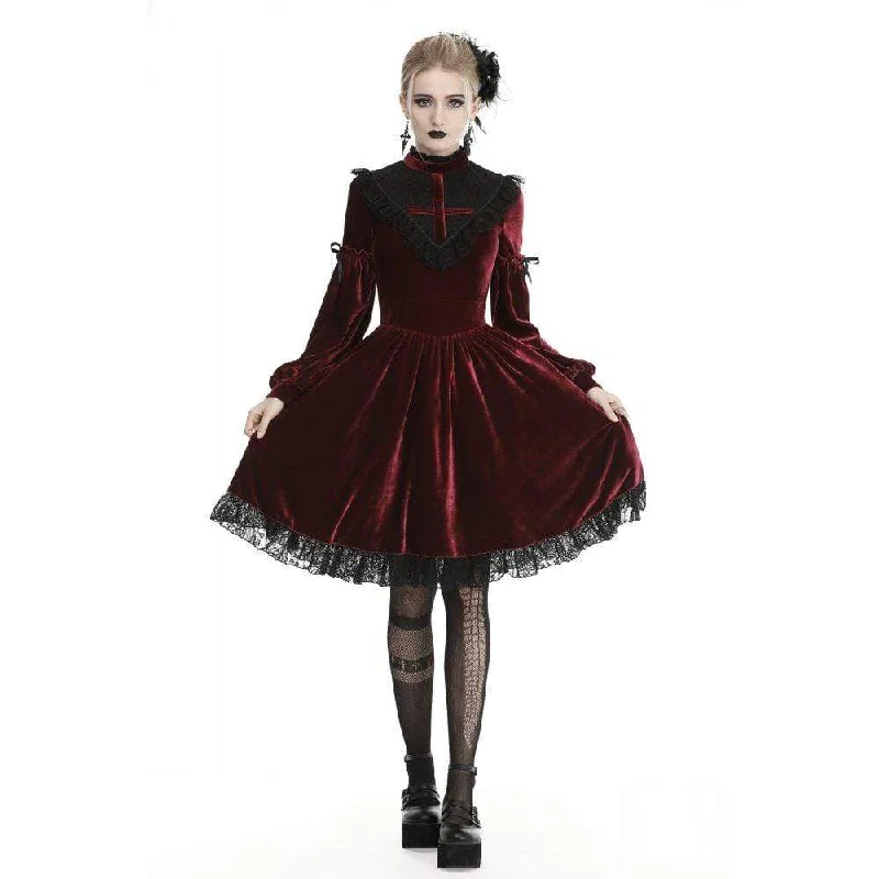 Women's Vintage Lace Collar Velet Dresses Red