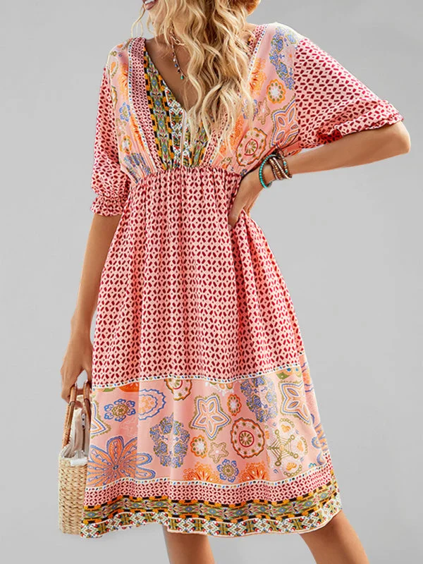 Women's Woven V-Neck Short Sleeve Bohemian Resort Dress