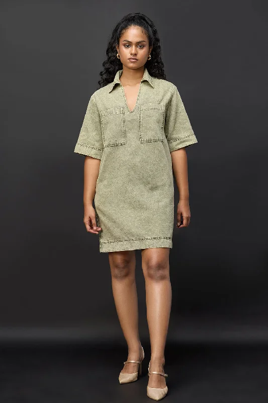 Dusky Green Denim Boxy Shirt Dress