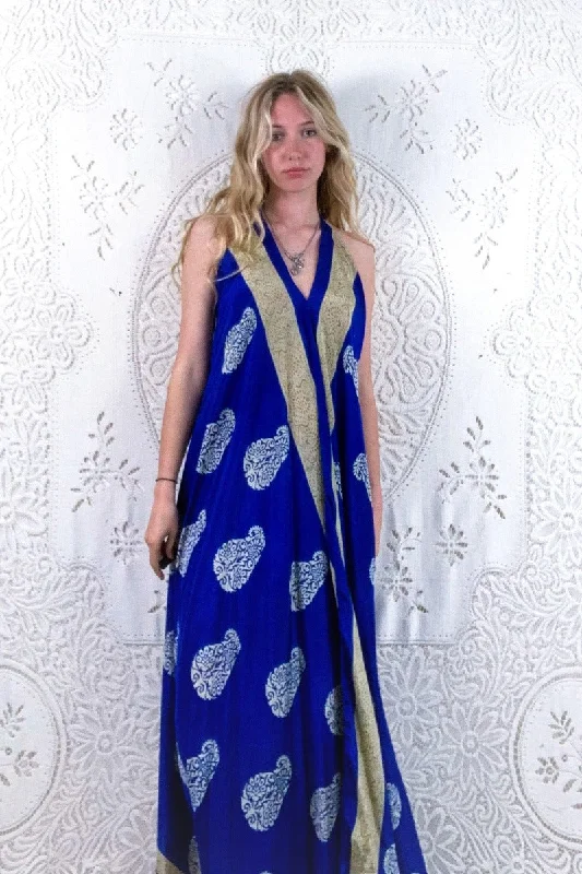 Athena Maxi Dress - Vintage Sari - Indigo Blue Bold Paisley Motif - XS - M/L