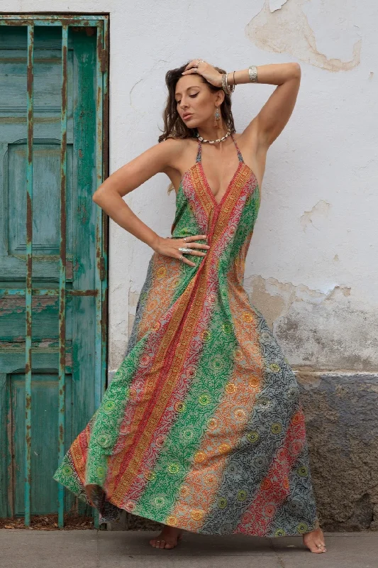 Athena Maxi Dress - Vintage Sari - Psychedelic Marigolds - S to M/L