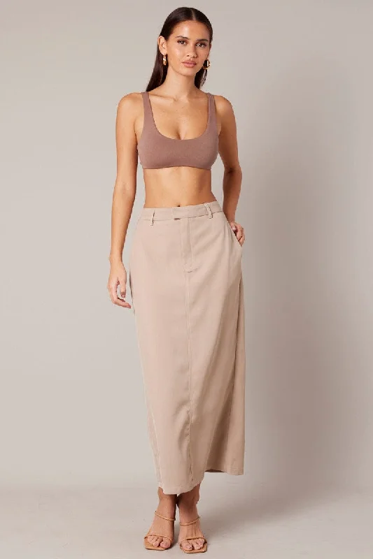 Beige Tailored Maxi Skirt High Rise