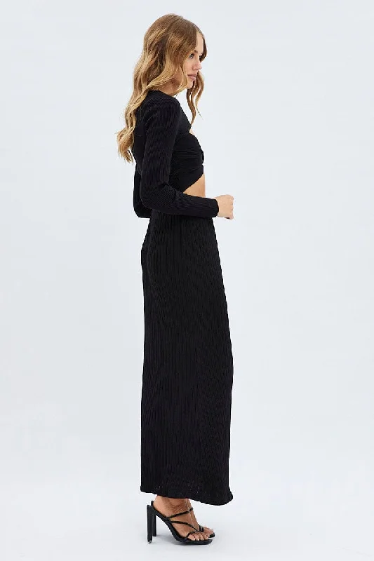 Black Maxi Skirt Mid Rise A-line Rib Jersey