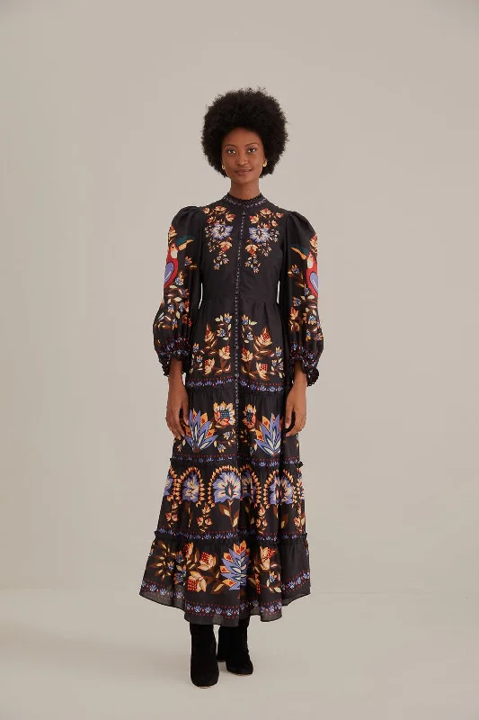 Black Winter Garden Long Sleeve Maxi Dress