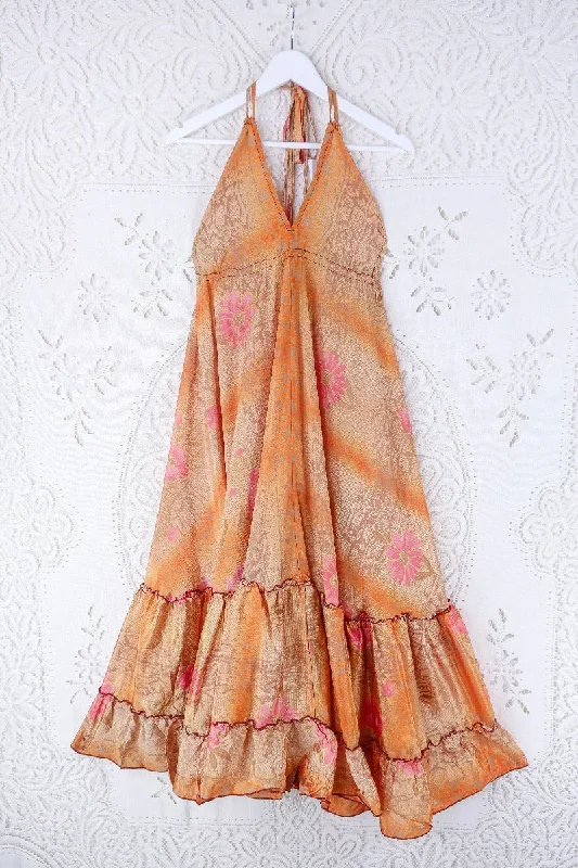 Blossom Halter Maxi Dress - Vintage Sari - Pink & Tangerine Dream Floral - Free Size S/M