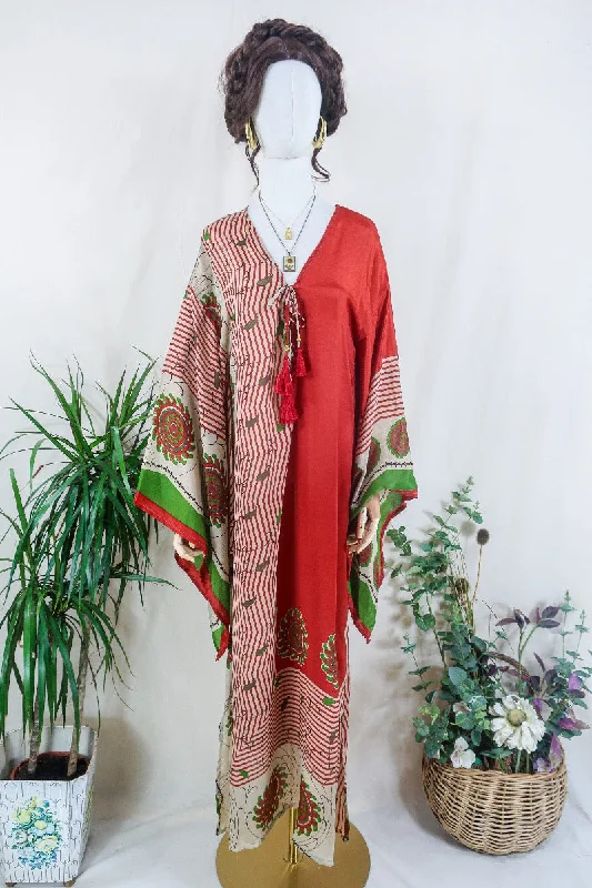 Cassandra Maxi Kaftan - Candy Apple Red Botanical - Vintage Sari - Size M/L