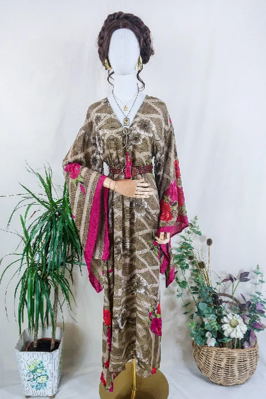 SALE Cassandra Maxi Kaftan - Cedar & Cerise Pink Floral - Vintage Sari - Size S/M