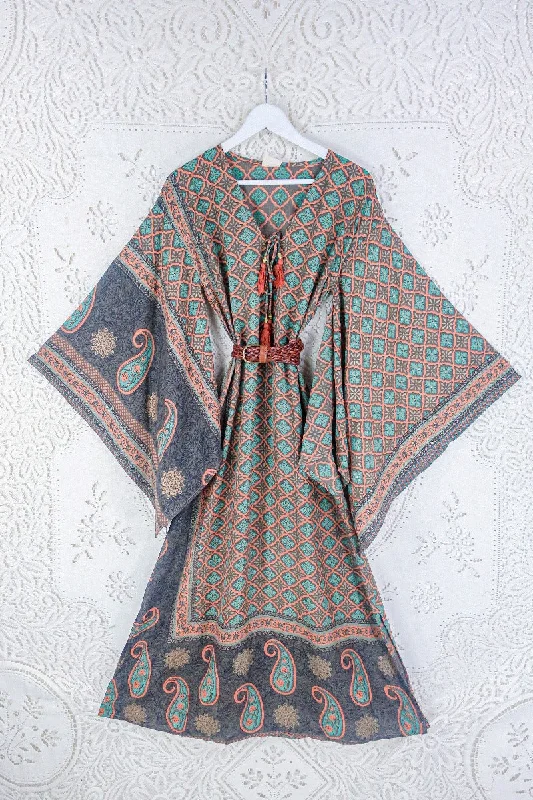 Cassandra Maxi Kaftan - Terracotta, Taupe & Turquoise Tile Print - Vintage Sari - Size S/M