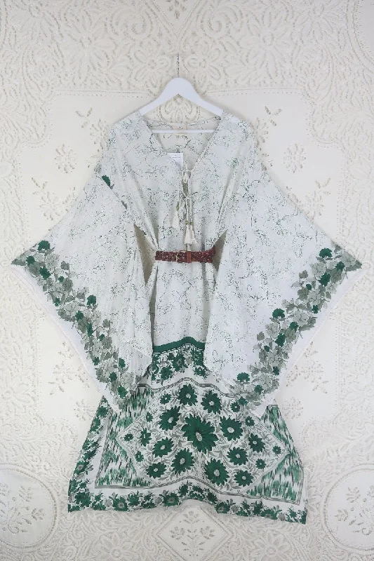 Cassandra Maxi Kaftan - Emerald and Tea Abstract Foliage  - Vintage Sari - Size L/XL