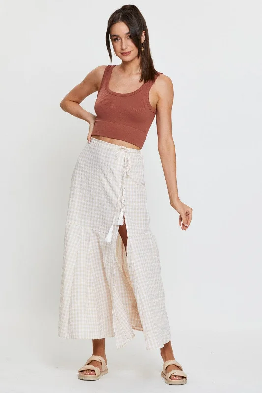 Check Maxi Skirt High Waist Front Split