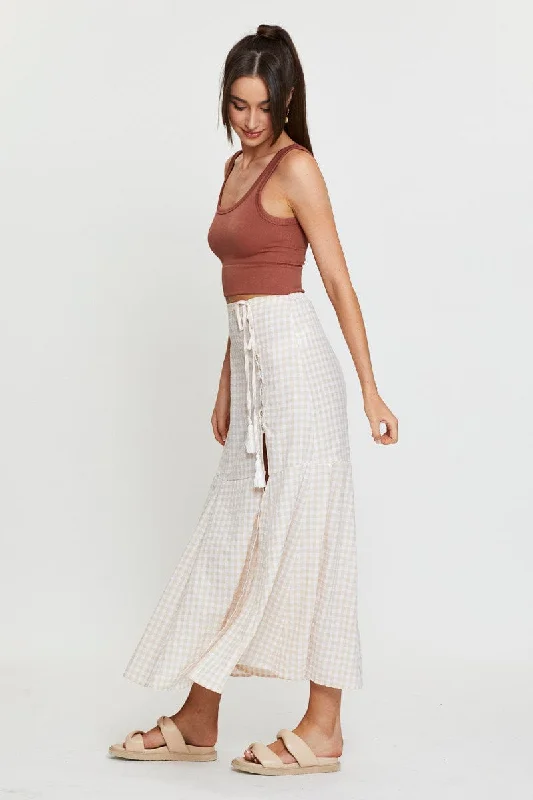 Check Maxi Skirt High Waist Front Split