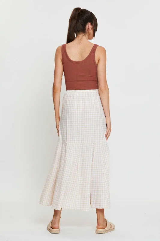 Check Maxi Skirt High Waist Front Split