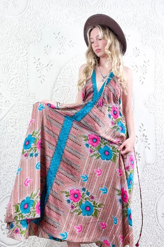 Eden Halter Maxi Dress - Vintage Sari - Tan, Turquoise & Pink Tropical Floral - Free Size M/L