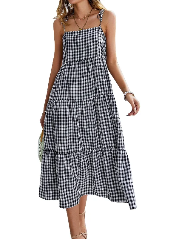 DressBetty - Women Spaghetti Strap Dresses Sleeveless Plaid Loose Adjustable Strap Gingham Dress