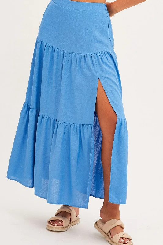 Blue Maxi Skirt High Waist Split Tiered