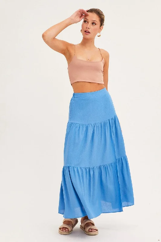 Blue Maxi Skirt High Waist Split Tiered