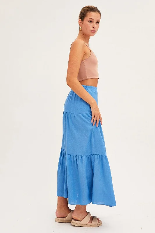 Blue Maxi Skirt High Waist Split Tiered