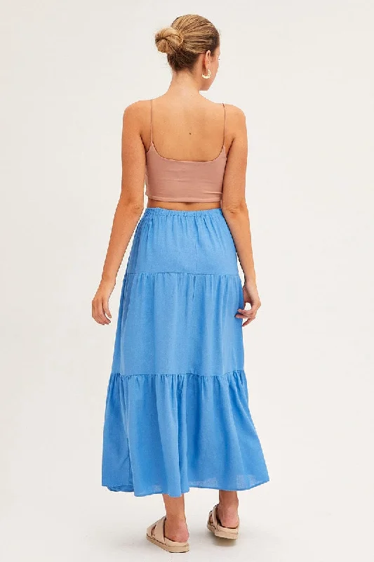 Blue Maxi Skirt High Waist Split Tiered