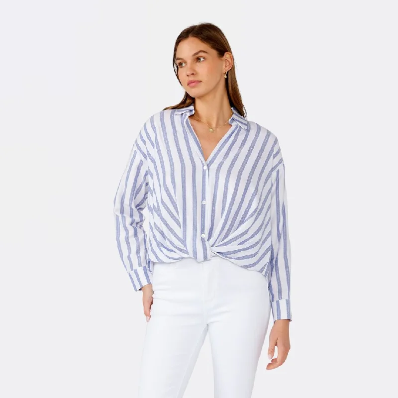 Nautical Striped High Low Twist Front Blouse (White + Blue)