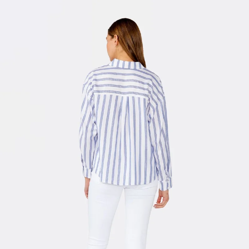 Nautical Striped High Low Twist Front Blouse (White + Blue)