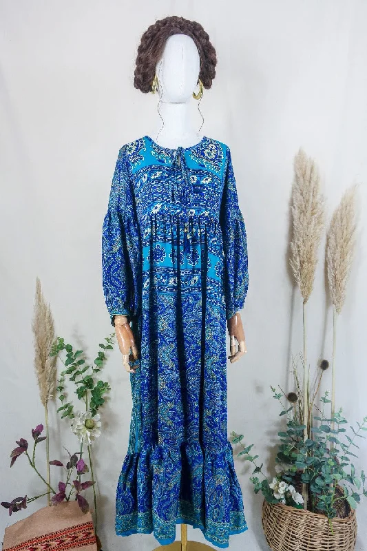 Poppy Smock Dress - Vintage Sari - Lapis Blue Wildflower - S/M