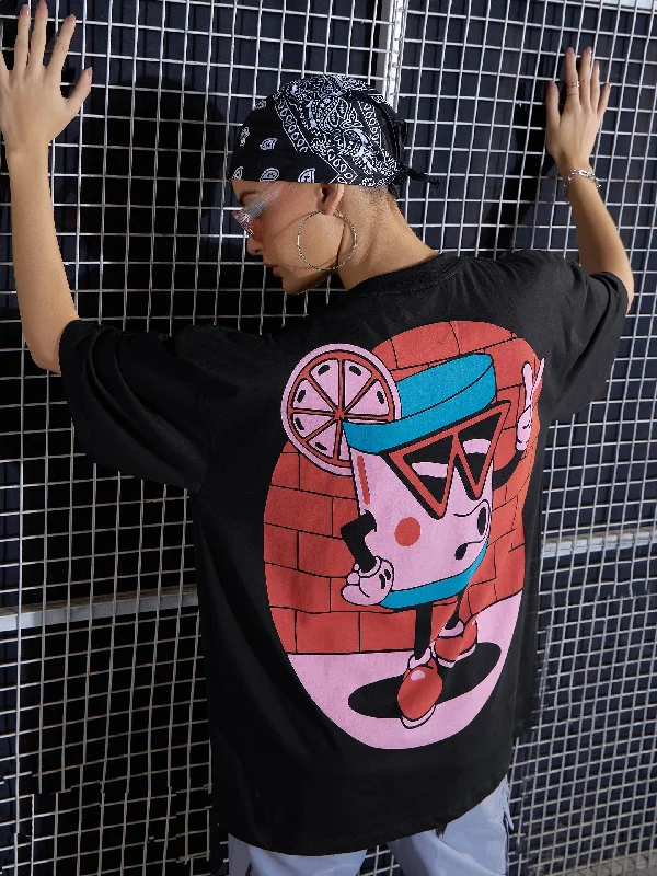 Women Black Cartoon Printed Oversized T-Shirt