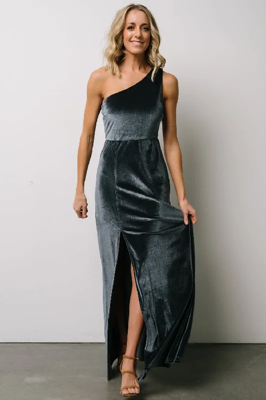 Tatiana Velvet One Shoulder Maxi Dress | Slate Blue