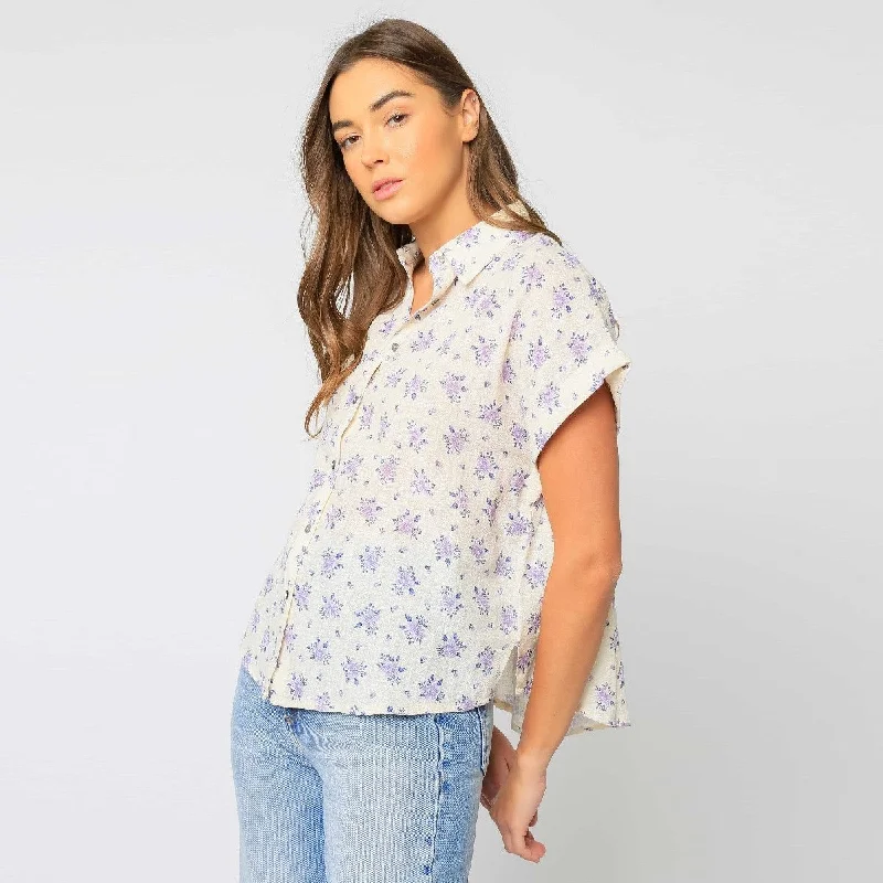 Short Sleeve Button Up Linen Top (Lilac)