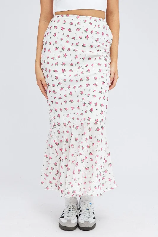 White Floral Maxi Skirt High Waist Fit & Flare Elastic Waist