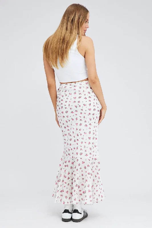 White Floral Maxi Skirt High Waist Fit & Flare Elastic Waist