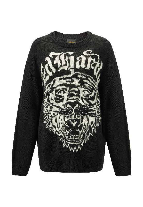 Womens Tiger-Roar Jaquard Knitted Jumper - Black/Off White